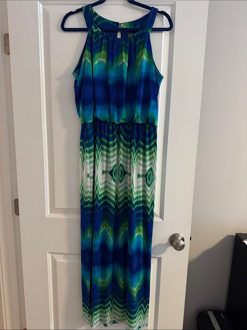 Blue & Green Sleeveless High Neck Maxi Dress